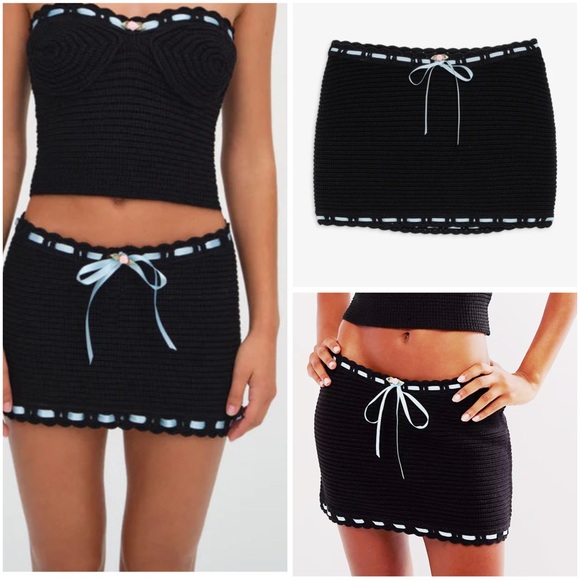 For Love And Lemons Dresses & Skirts - NWT For Love & Lemons Kelsey Black Crochet Mini Skirt with Blue Trim (L - READ)